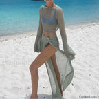 2PC Knit Crop Skirt Cover Up GREEN / S
