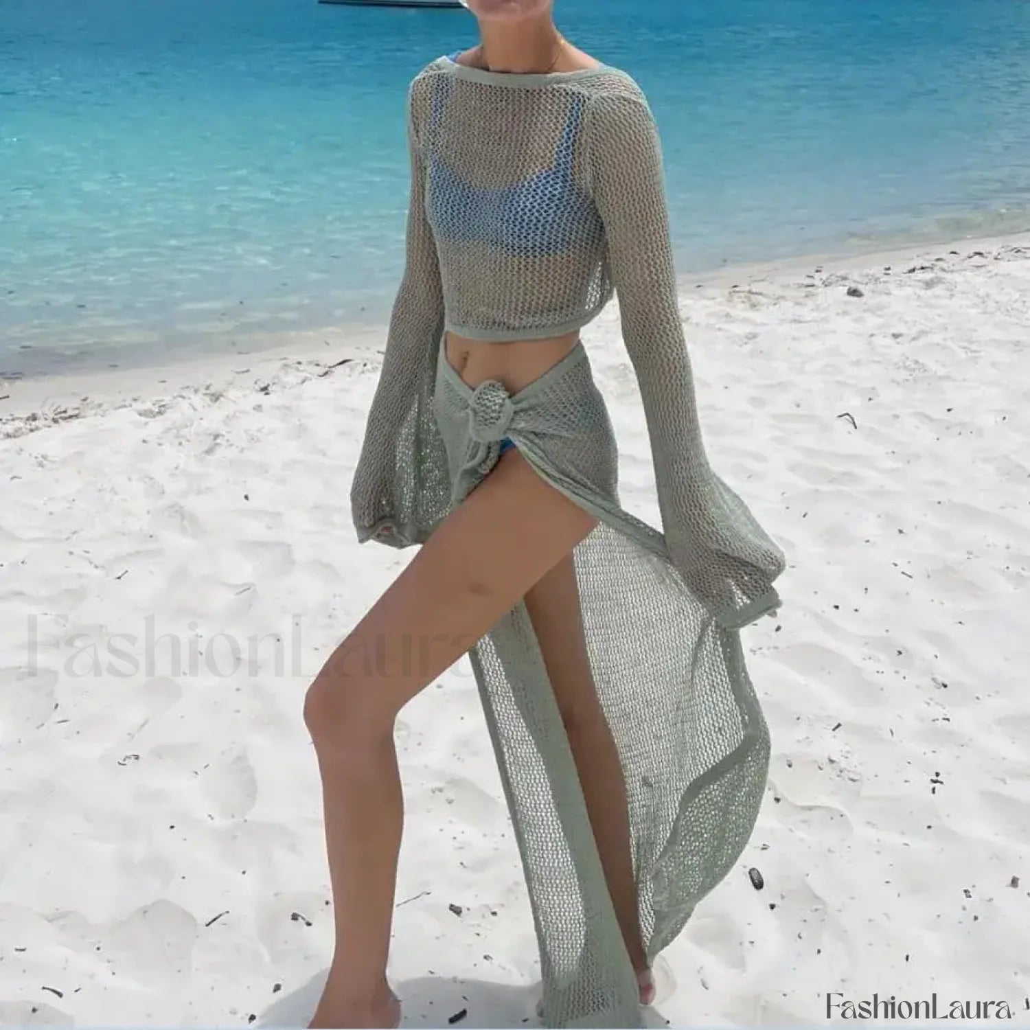 2PC Knit Crop Skirt Cover Up GREEN / S
