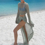 2PC Knit Crop Skirt Cover Up GREEN / S
