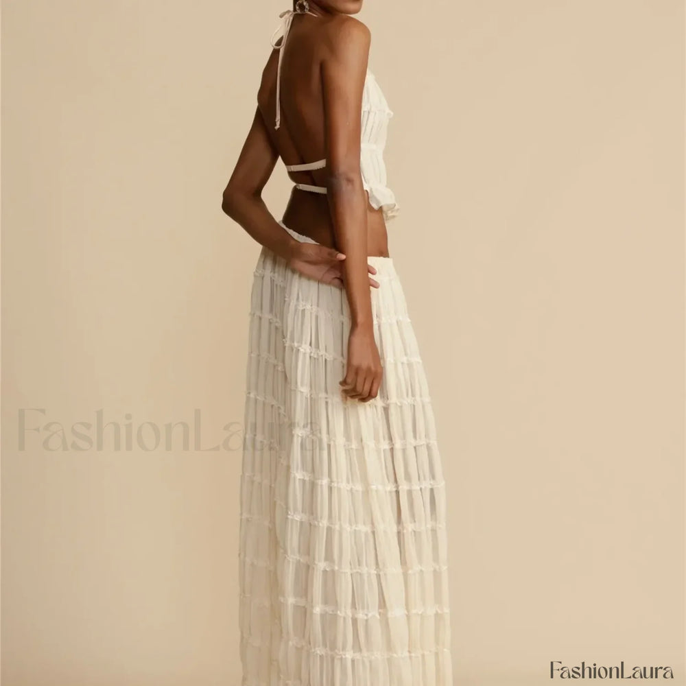 2Piece Skirt Set for Women Lace Up Back Tank Tops Tie Up High Waist Long Skirts Outfits Fairy Vacation Cottagecore Lace