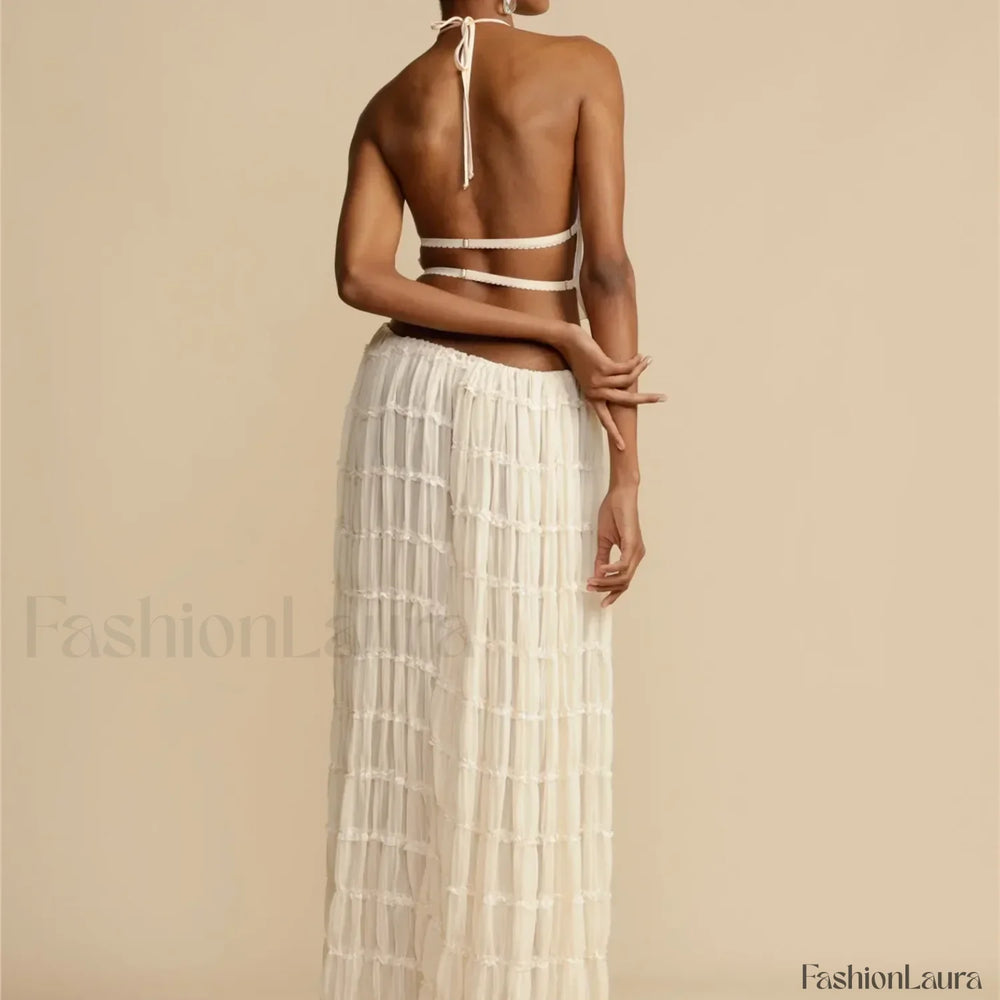 2Piece Skirt Set for Women Lace Up Back Tank Tops Tie Up High Waist Long Skirts Outfits Fairy Vacation Cottagecore Lace