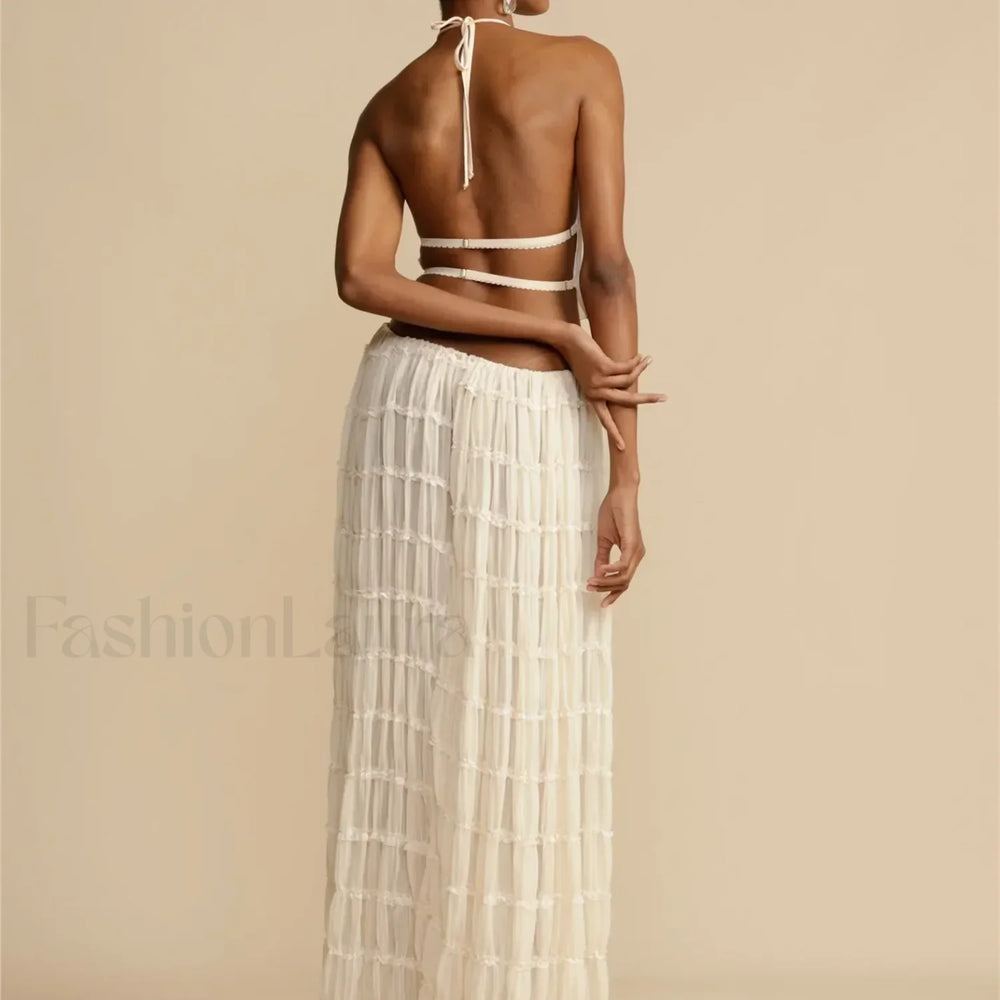 2Piece Skirt Set for Women Lace Up Back Tank Tops Tie Up High Waist Long Skirts Outfits Fairy Vacation Cottagecore Lace