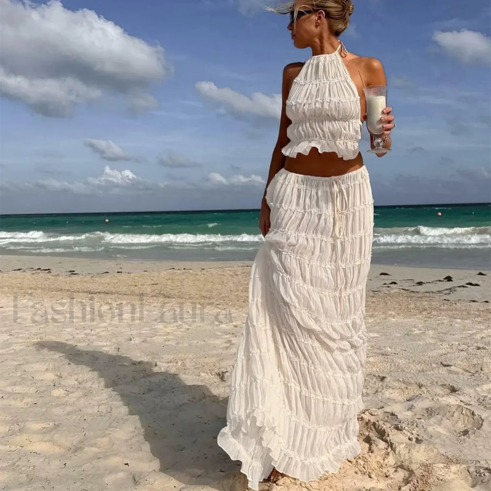 2Piece Skirt Set for Women Lace Up Back Tank Tops Tie Up High Waist Long Skirts Outfits Fairy Vacation Cottagecore Lace