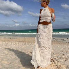 2Piece Skirt Set for Women Lace Up Back Tank Tops Tie Up High Waist Long Skirts Outfits Fairy Vacation Cottagecore Lace