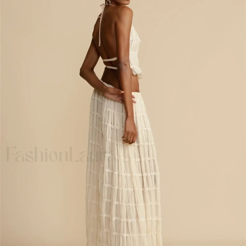 2Piece Skirt Set for Women Lace Up Back Tank Tops Tie Up High Waist Long Skirts Outfits Fairy Vacation Cottagecore Lace