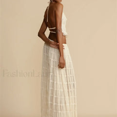 2Piece Skirt Set for Women Lace Up Back Tank Tops Tie Up High Waist Long Skirts Outfits Fairy Vacation Cottagecore Lace