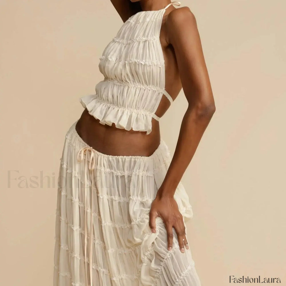 2Piece Skirt Set for Women Lace Up Back Tank Tops Tie Up High Waist Long Skirts Outfits Fairy Vacation Cottagecore Lace