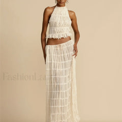 2Piece Skirt Set for Women Lace Up Back Tank Tops Tie Up High Waist Long Skirts Outfits Fairy Vacation Cottagecore Lace