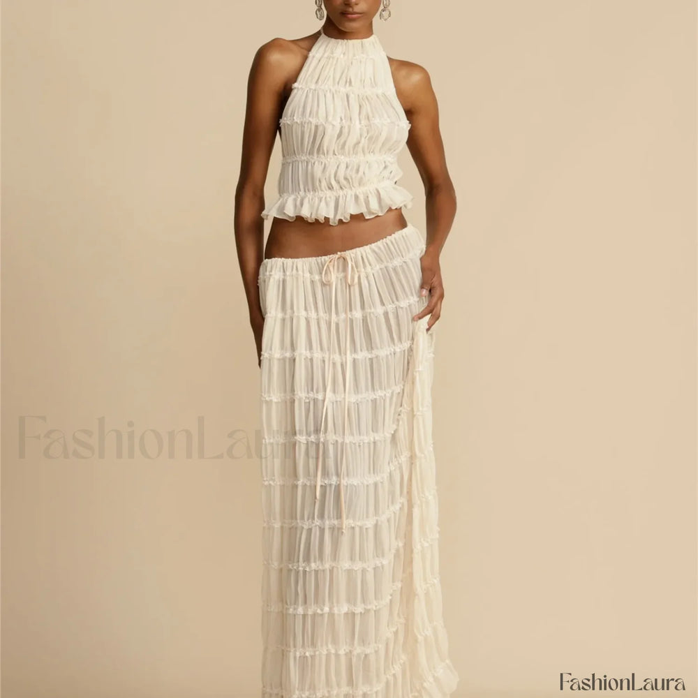 2Piece Skirt Set for Women Lace Up Back Tank Tops Tie Up High Waist Long Skirts Outfits Fairy Vacation Cottagecore Lace