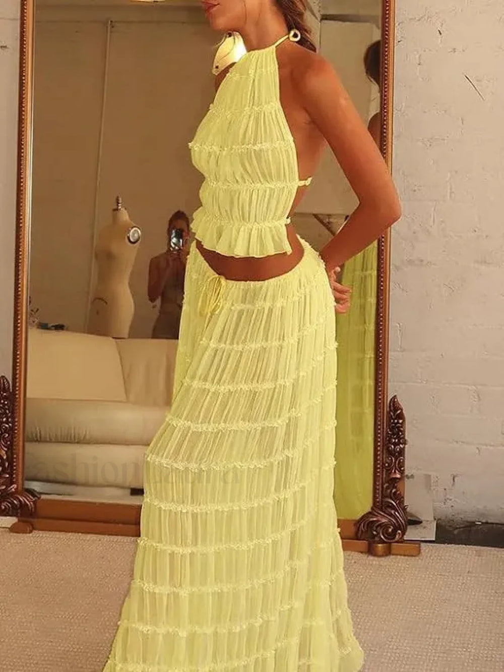 2Piece Skirt Set for Women Lace Up Back Tank Tops Tie Up High Waist Long Skirts Outfits Fairy Vacation Cottagecore Lace