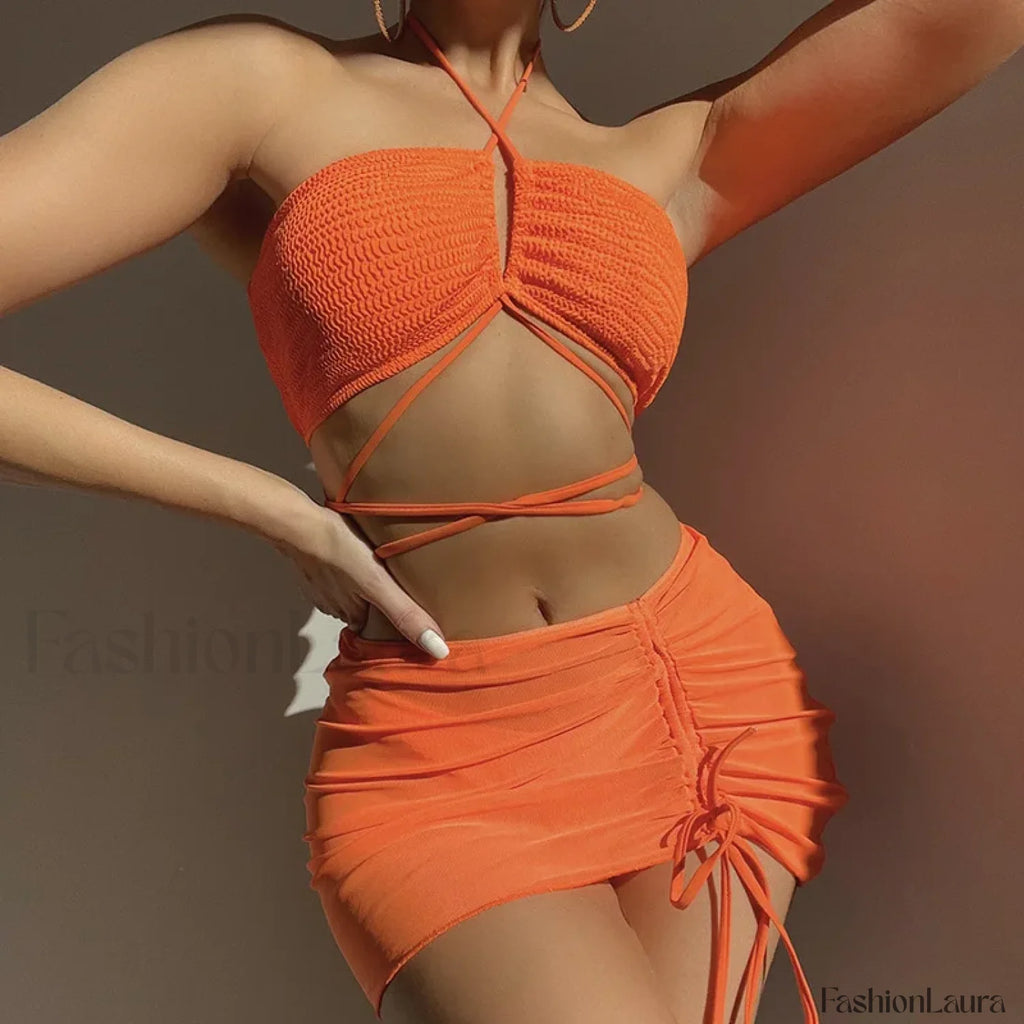 3 Piece Skirt Halter Bikini Set