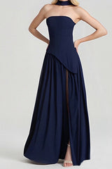 Solid Bustier High Slit Formal Dress S / Blue