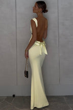 Bow Back Spaghetti Strap Formal Dress S / Beige