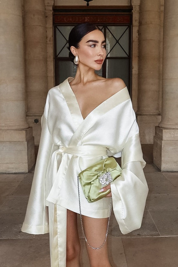 White Satin Long Sleeve Tie Blouse Main image