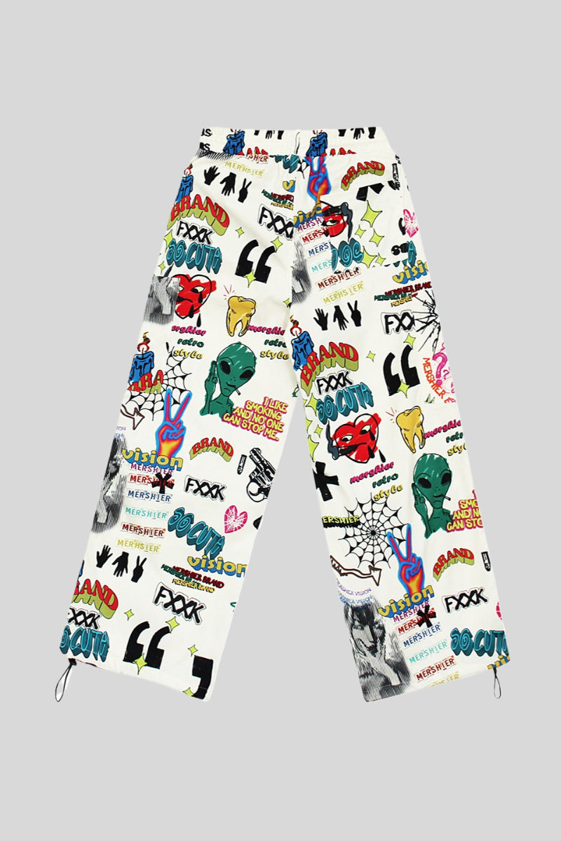 Graffiti Print Wide Leg Cargo Pants