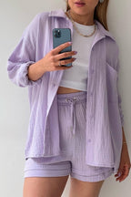 Textured Lapel Long Sleeve Top High Waist Shorts Set