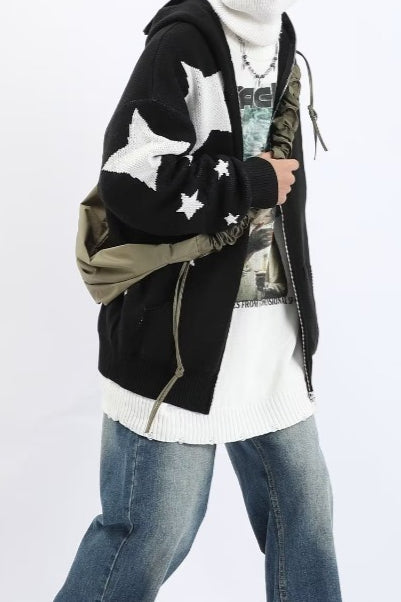 Star Pattern Vintage Knit Zip Up Hoodie