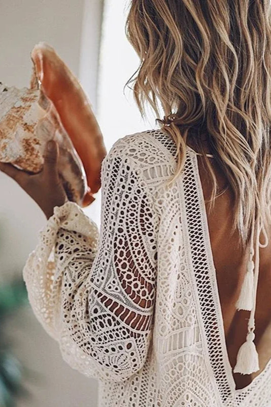 Hollow Out Tassel Beach Boho Dress White / S Main image