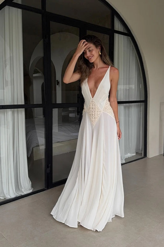 Backless V Neck Boho Dress White / S Main image