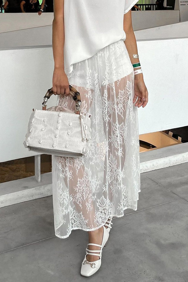 Sexy Sheer Brocade Lace White Jacquard Maxi Skirt Main image