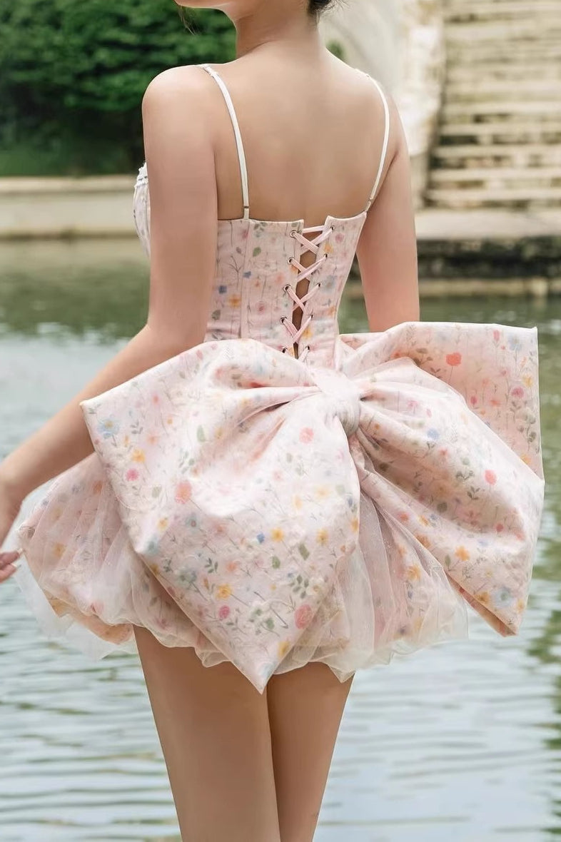 Ruched Corset Bow A Line Mini Floral Dress Secondary image