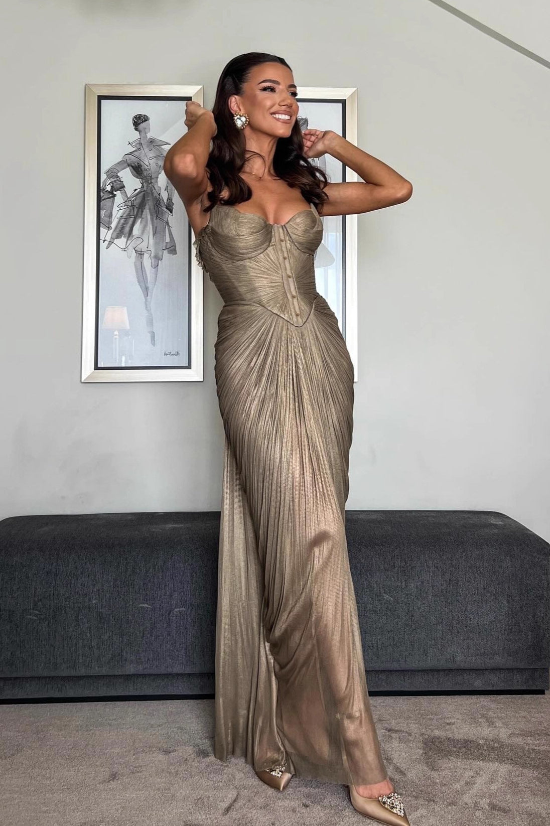 Metallic Pleated Tie Back Formal Dress