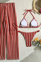 Striped Halter Tie Pants Three Piece Swim Set
