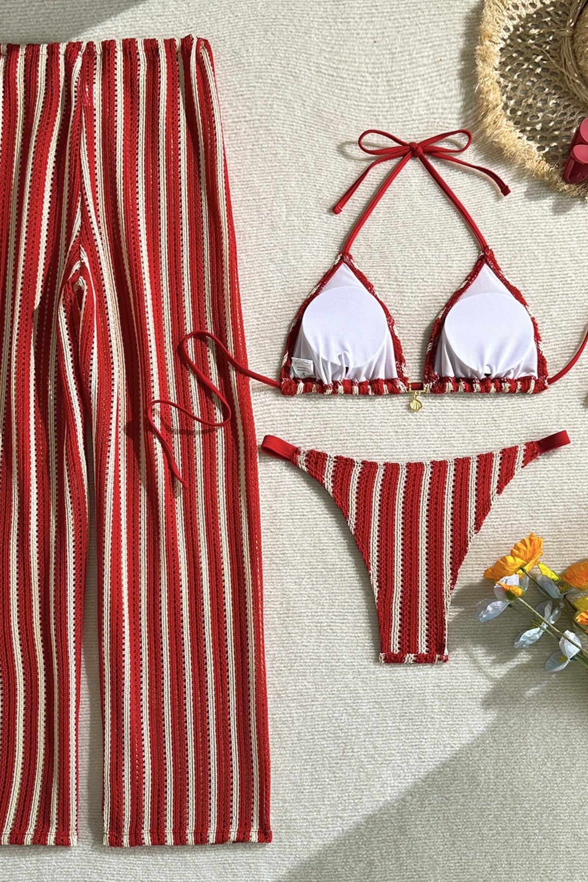 Striped Halter Tie Pants Three Piece Swim Set