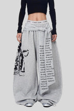 Layered Typography Ribbon Barrel Leg Sweatpants