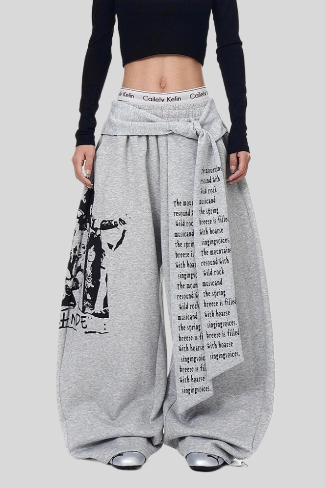 Layered Typography Ribbon Barrel Leg Sweatpants