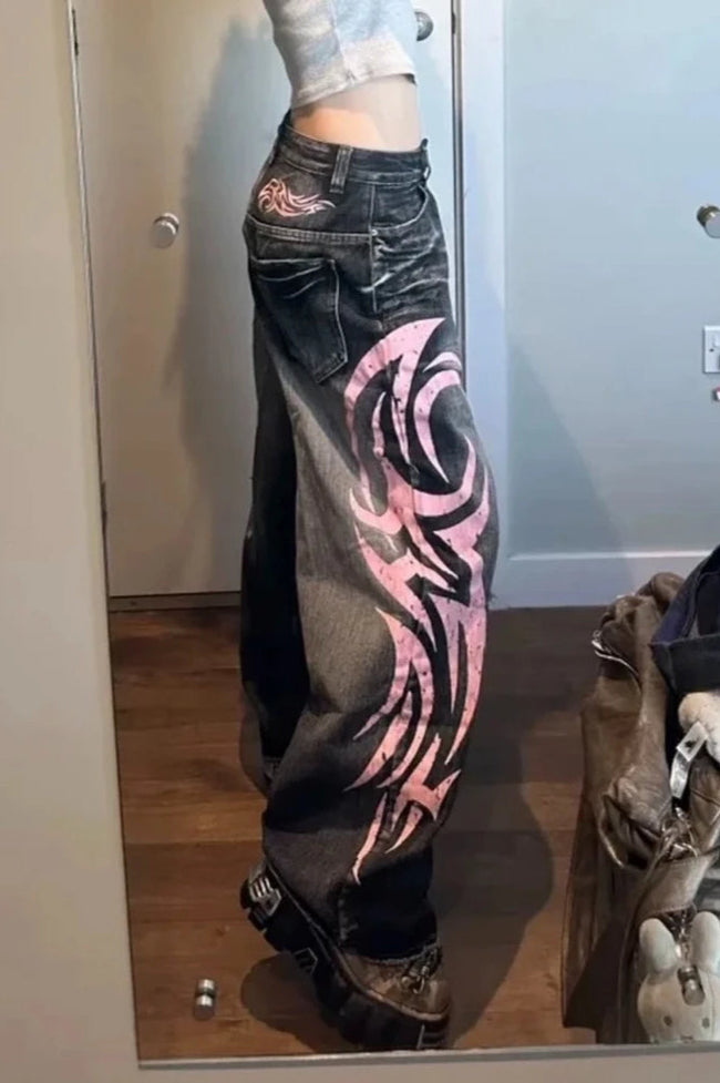 Gothic Print Wide Leg Jeans Pink / M Main image