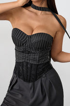Stripe Lace Trim Backless Corset Tube Top
