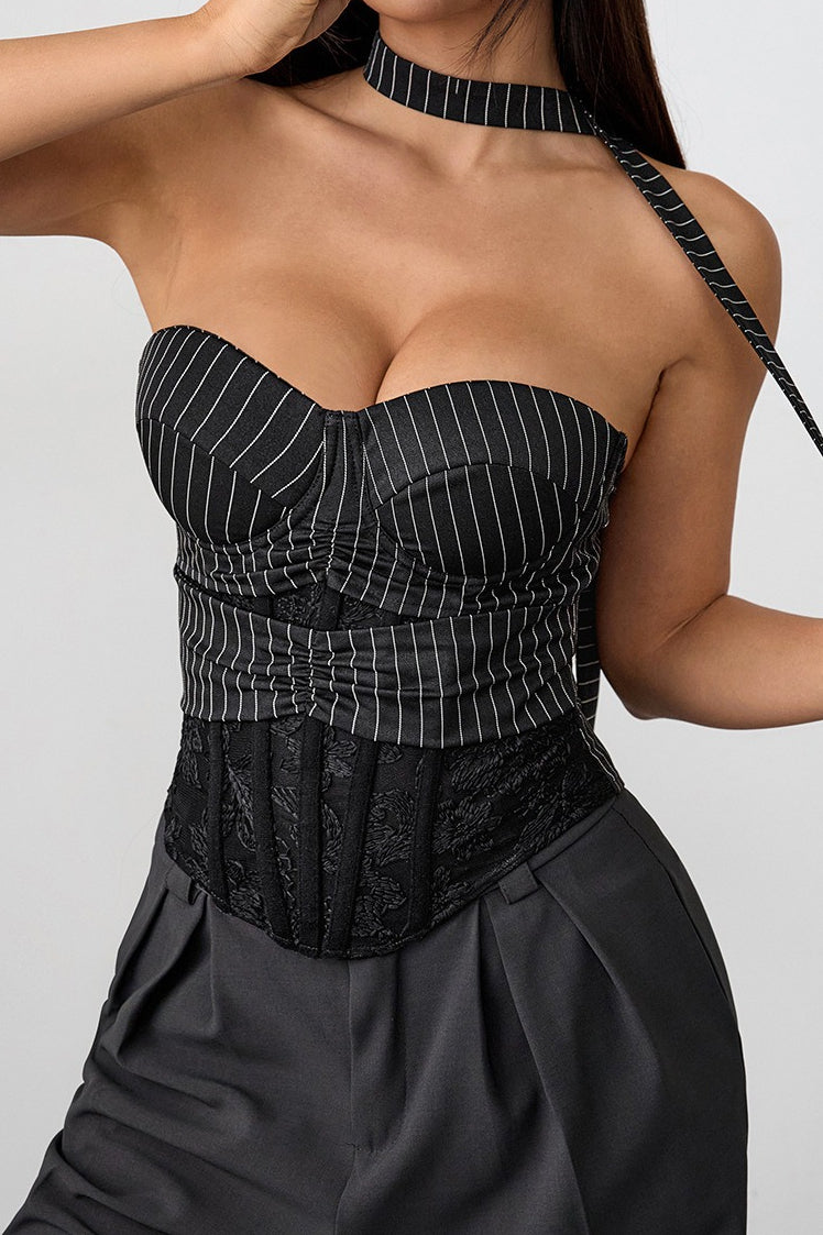 Stripe Lace Trim Backless Corset Tube Top