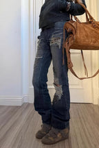 Studded Ripped Flared Vintage Wash Jeans