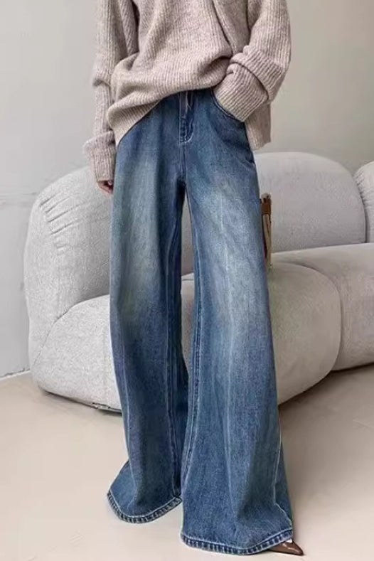 Blue Washed Casual High Waist Relaxed Long Jeans Secondary image