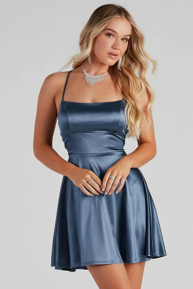 Satin Square Neck Lace Up Cocktail Dress Main image