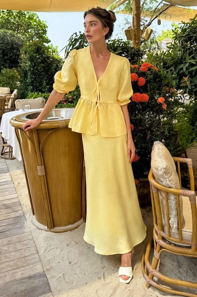 Resort Casual Cotton Linen Puff Sleeve Two Piece Skirt Set Main image