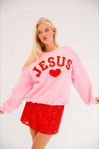 Sequin Heart Embroidered Crew Neck Sweatshirt