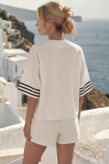 Casual Colorblock Striped V Neck Knit Shorts Set