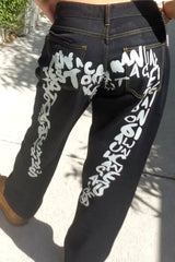 Vintage Letter Printed Loose Straight Leg Hip Hop Casual Jeans