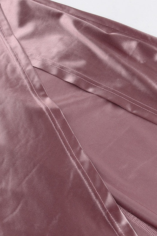 High Neck Draped Satin Slit Formal Dress
