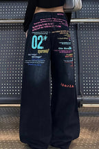 Colorful Slogan Printed Wide Leg Denim Jeans