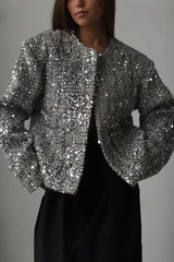Solid Crew Neck Sequin Tweed Jacket