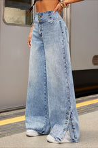 Side Button High Rise Loose Wide Leg Jeans