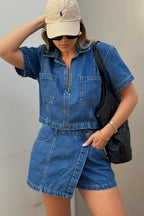Casual Loose Denim Top Two Piece Skirt Set