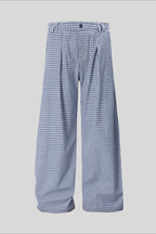 Blue Plaid Pleated Wide Leg Pants