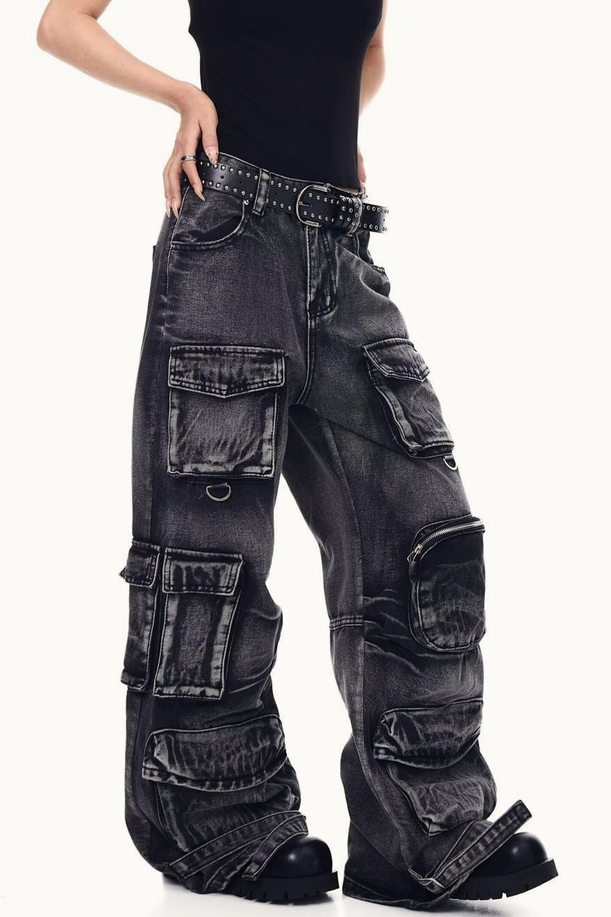 Distressed Washed Utility Multi Pocket Loose Jeans