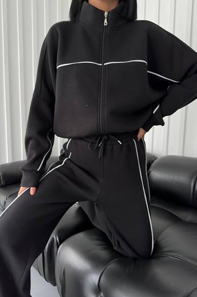 Stand Collar Zip Sweatshirt Stripe Pants Set
