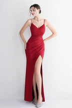 Long Satin Slit Halter Sheath Formal Dress Red / S