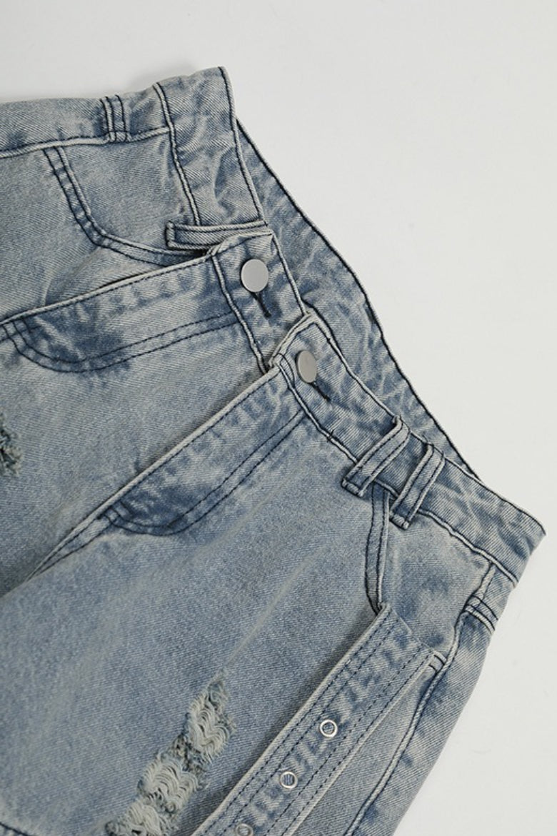 Washed Buckle Cargo Wide Leg Jeans